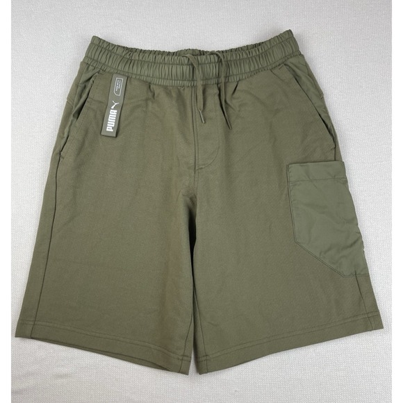 Puma Men's Cargo French Terry Fleece Shorts Green Size Large Skater Athleisure - Picture 1 of 12